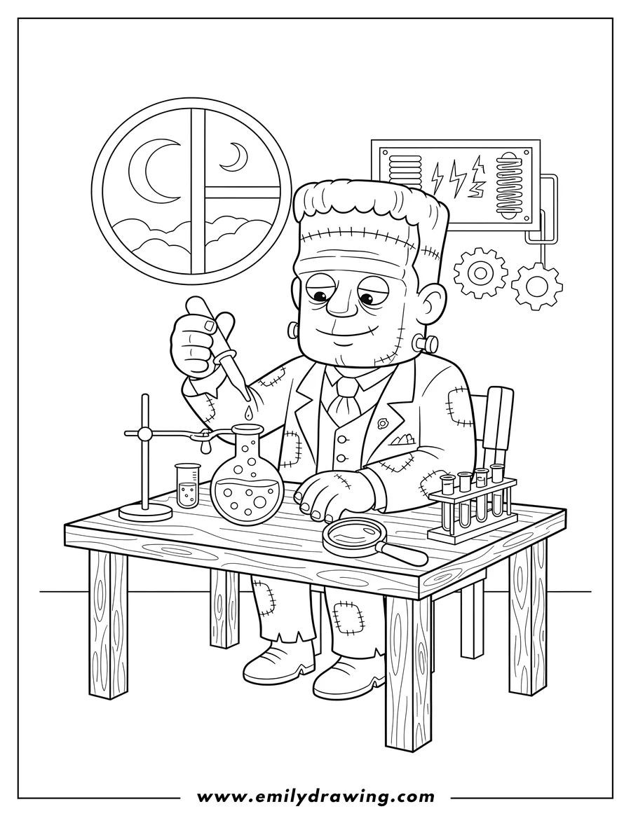 Vector style outline of frankenstein sitting at a lab table, doing an experiment