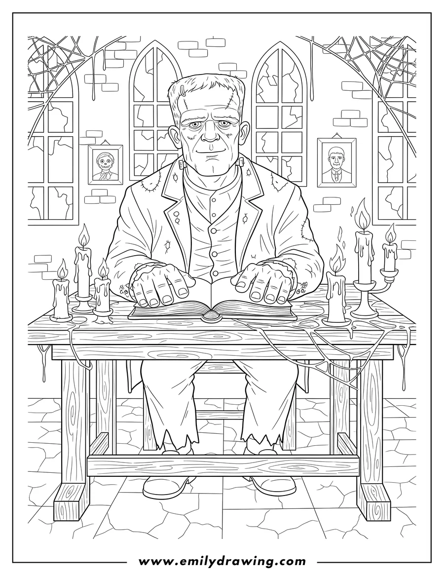 Coloring page for kids: frankenstein sitting at a table with an open book, in a haunted castle with cobwebs and candles