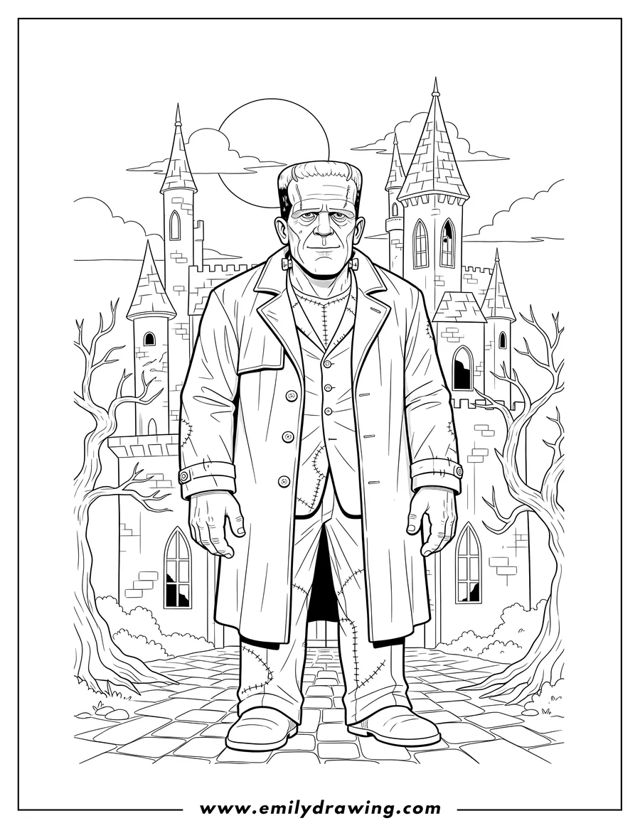 Linear illustration of realistic Frankenstein wearing a long coat standing in a haunted castle courtyard