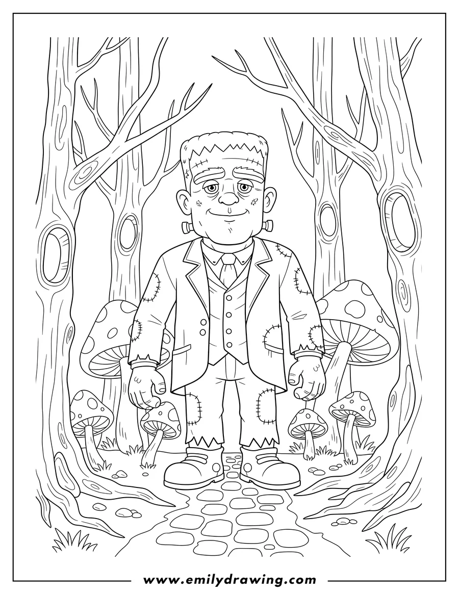 Free to print drawing of realistic Frankenstein Forest With Mushrooms, monster standing with one hand raised