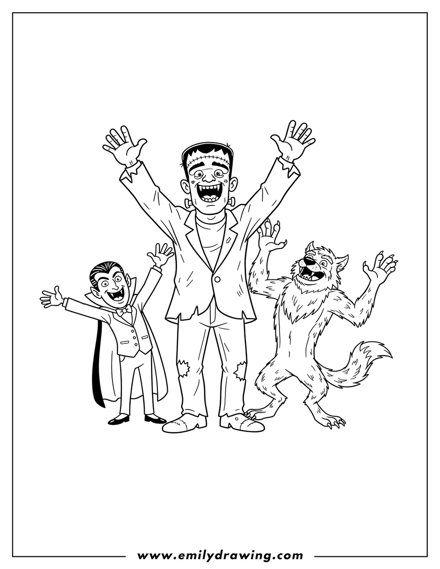 Printable line art of frankenstein, Vampire, and Werewolf with raised arms and fangs showing