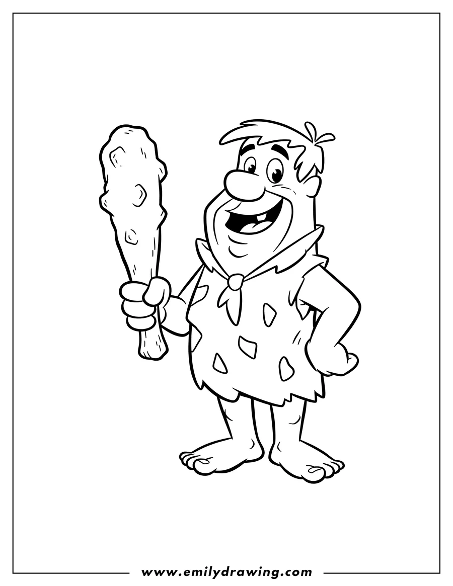 Linear illustration of fred Flinstone smiling and holding a bone