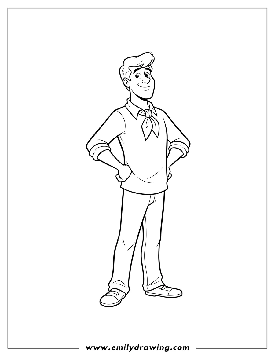Free to print drawing of fred from Scooby Doo standing with hands on hips, wearing his ascot