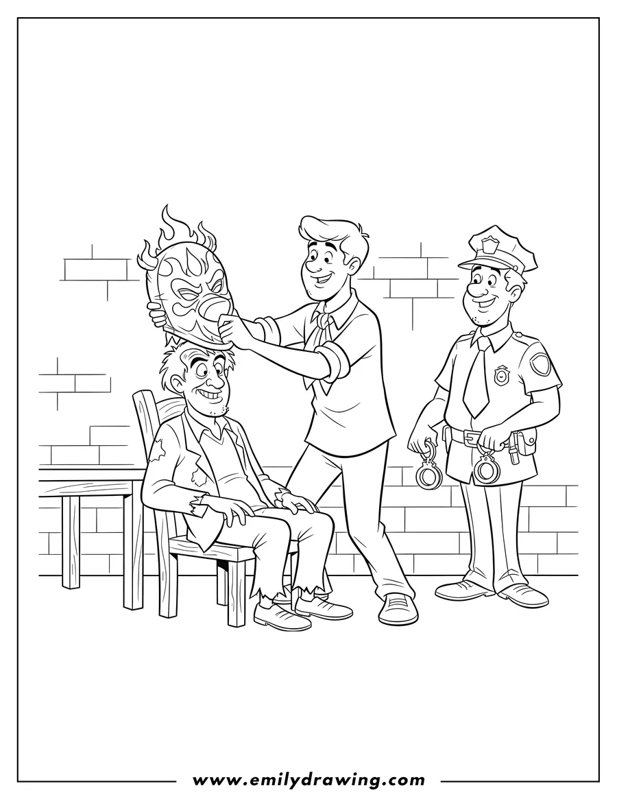 Simple sketch of fred unmasking a flame monster mask from a seated villain, with a police officer to color