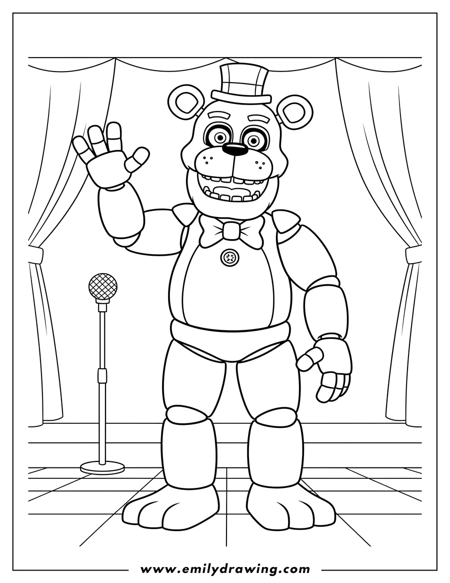 Coloring sheet featuring five Nights At Freddys Video Games: Freddy Fazbear animatronic standing and smiling