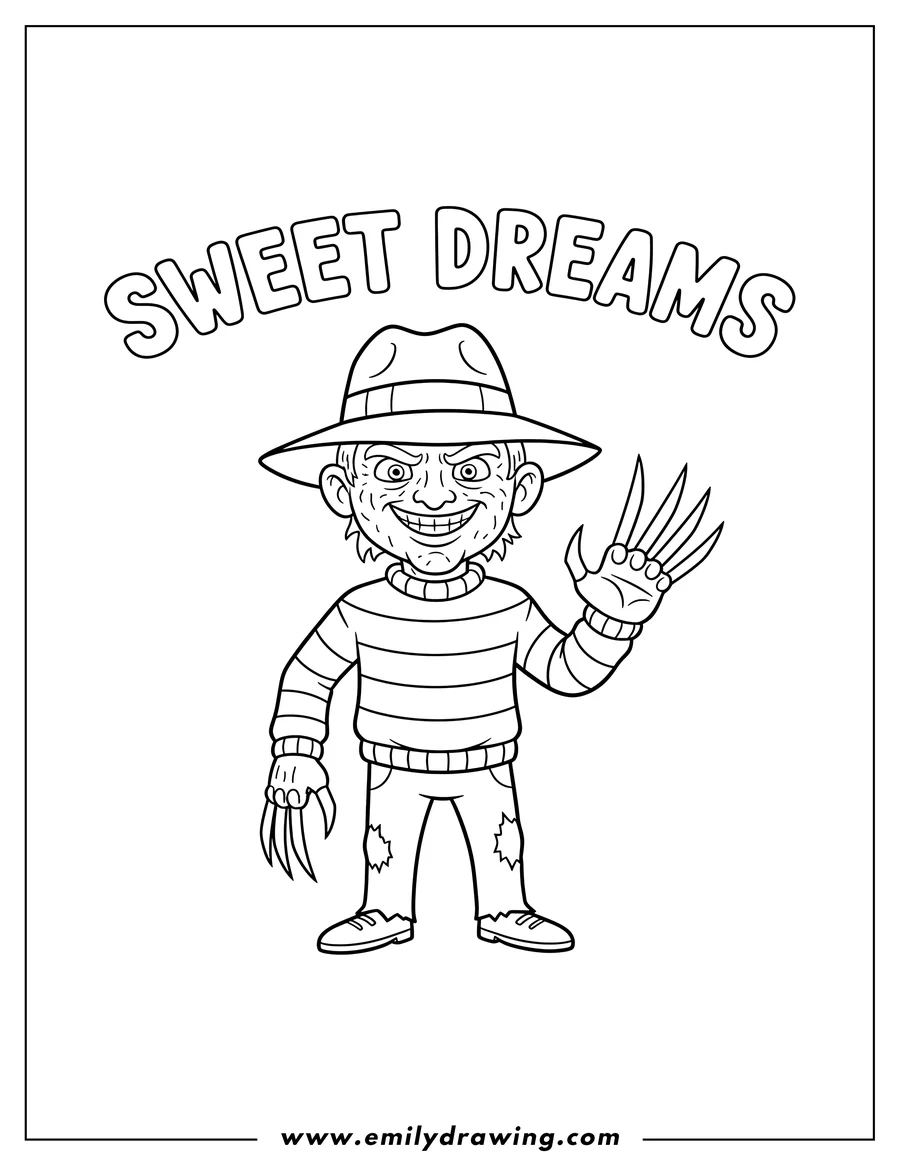 Full page coloring image of freddy Krueger wearing a hat and clawed glove, grinning, 'Sweet Dreams' text
