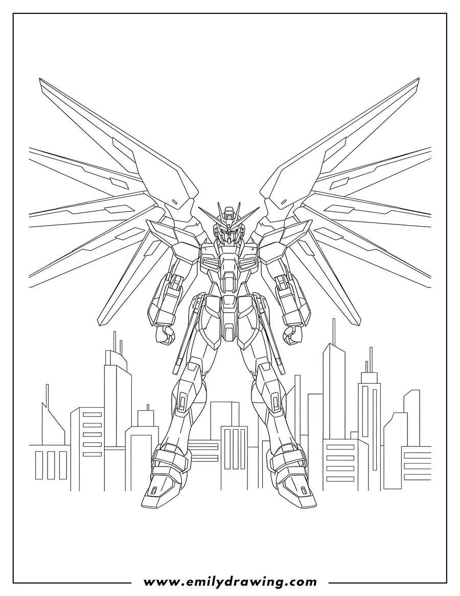 Linear illustration of freedom Gundam standing with large wings in a city