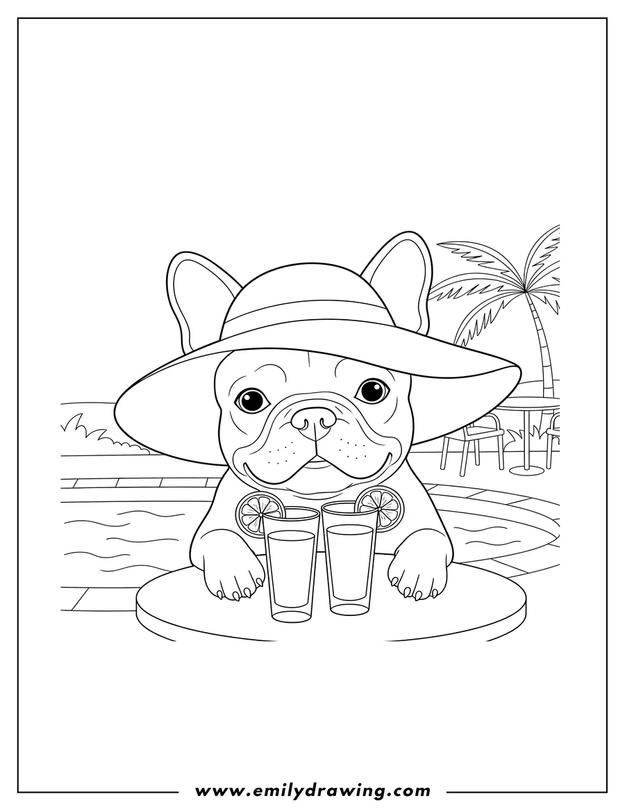 Full page coloring image of french Bulldog in a sun hat, paws resting, with two cocktails and lemon slices by a pool