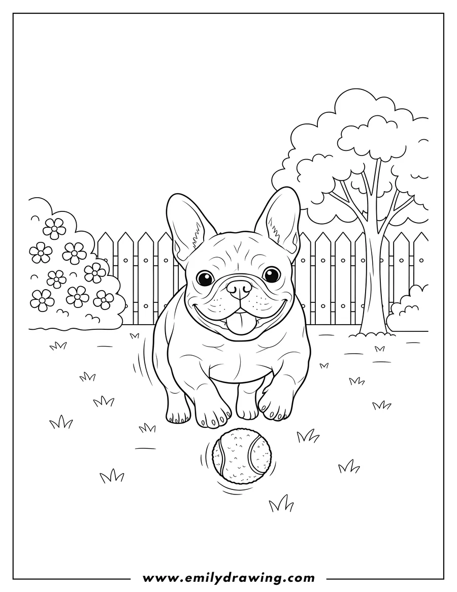 Free to print drawing of french Bulldog running happily after a tennis ball in a backyard