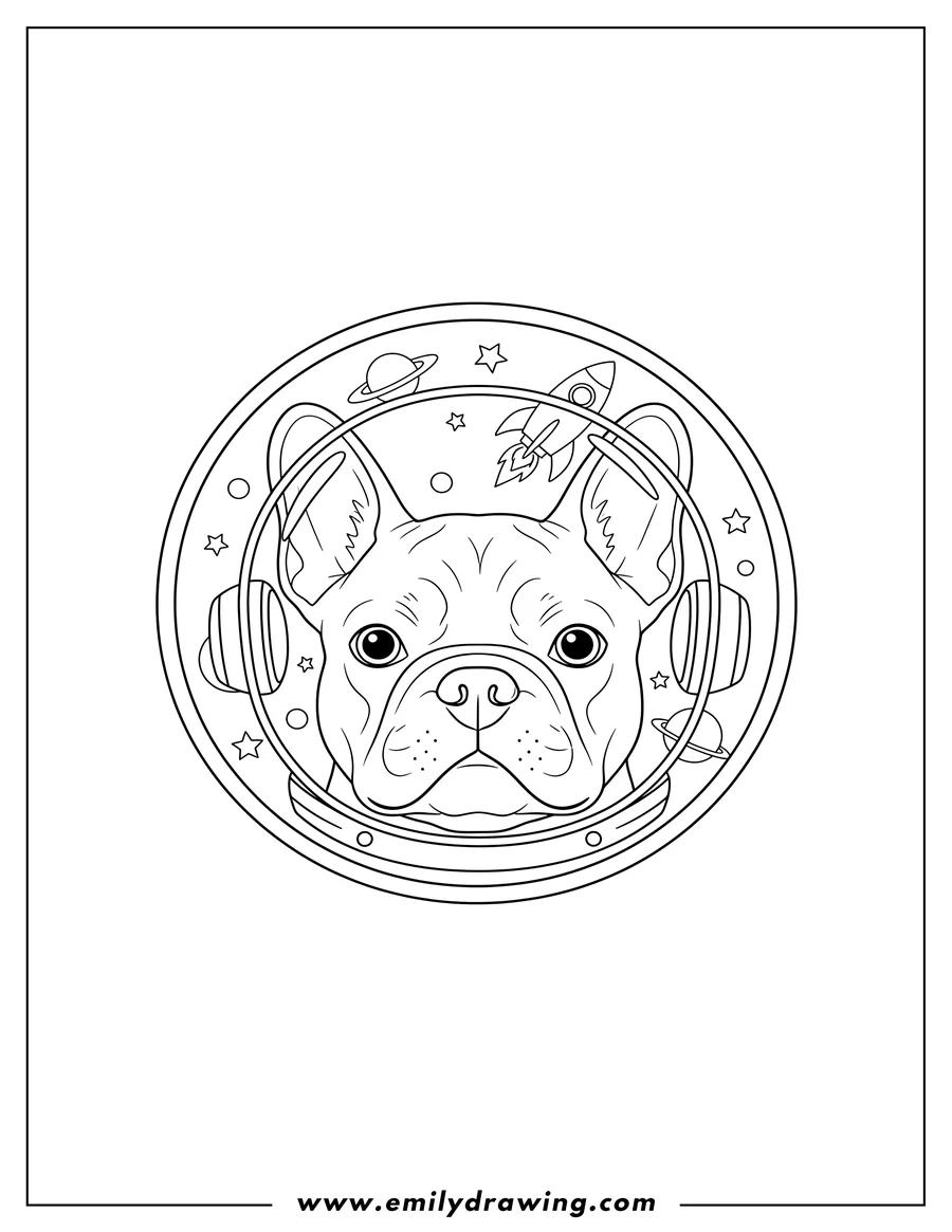 Coloring sheet featuring french Bulldog Space, close-up of head looking forward