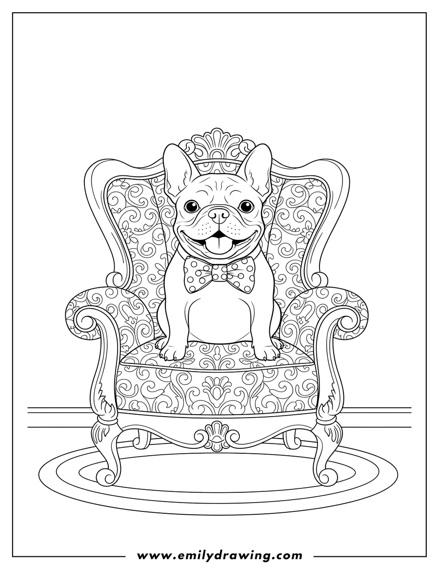 PDF style coloring page: french Bulldog with Bowtie Sitting On An Ornate Armchair, facing forward