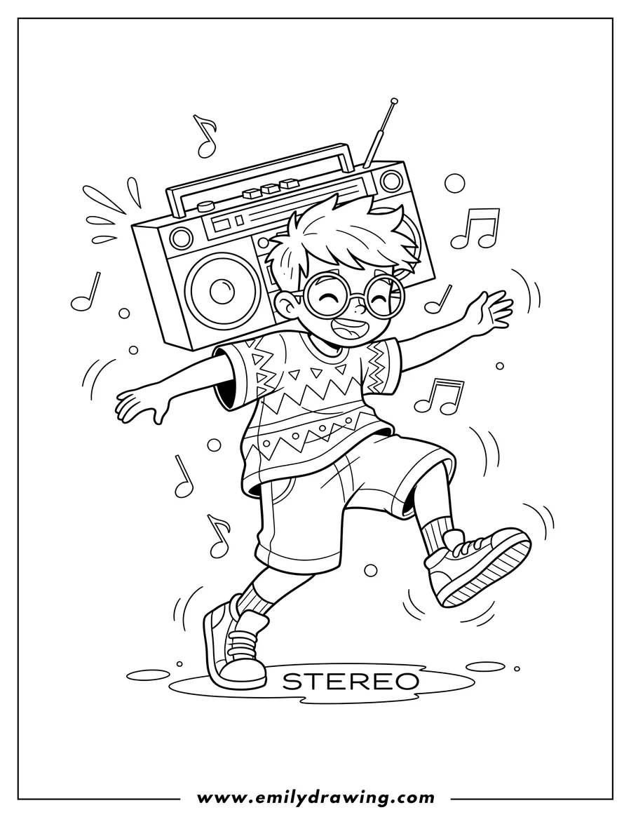 Linear illustration of A fresh boy with glasses dancing to stereo music while holding a boombox on his shoulder
