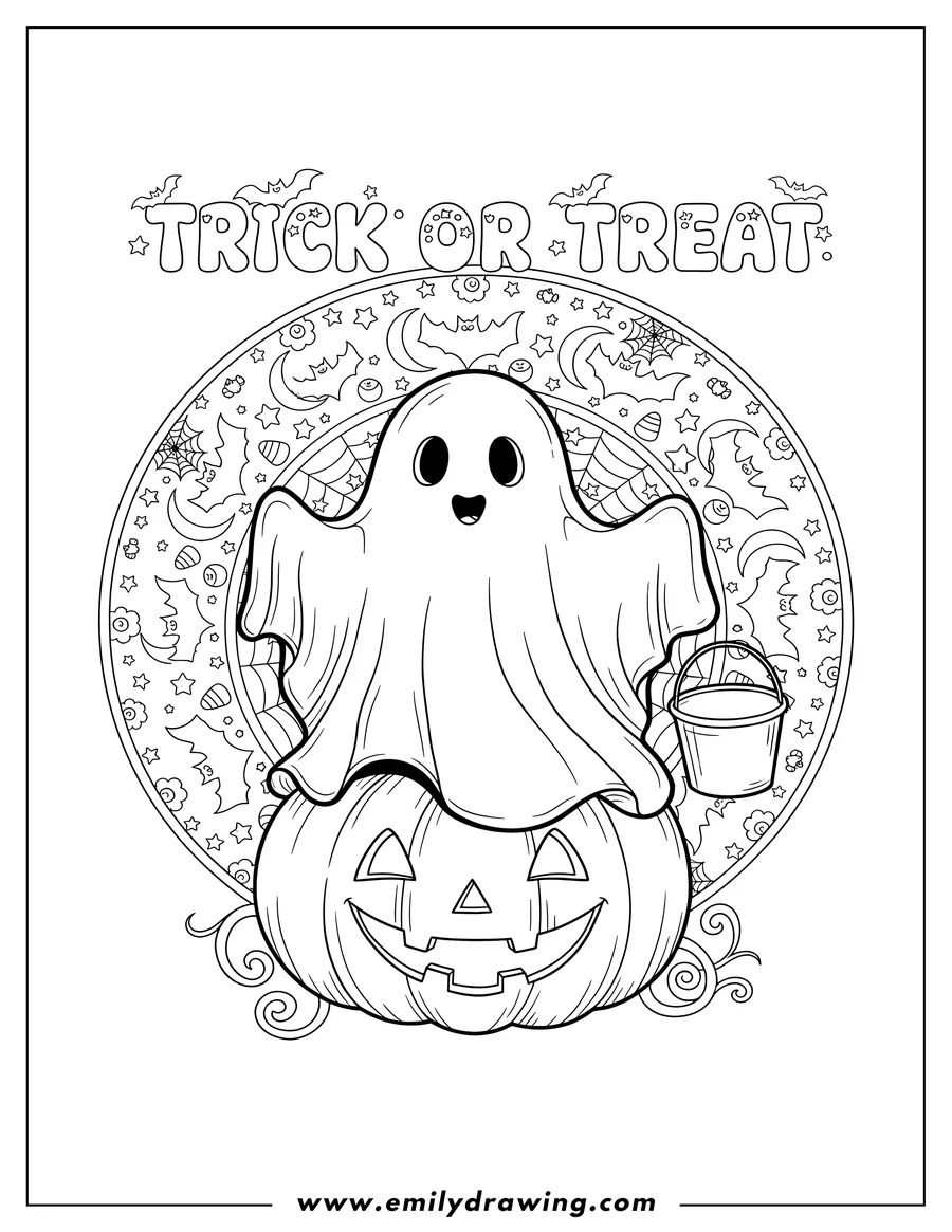 Clean line drawing: friendly blanket ghost sitting on a pumpkin with Trick or Treat text, in front of a Halloween mandala