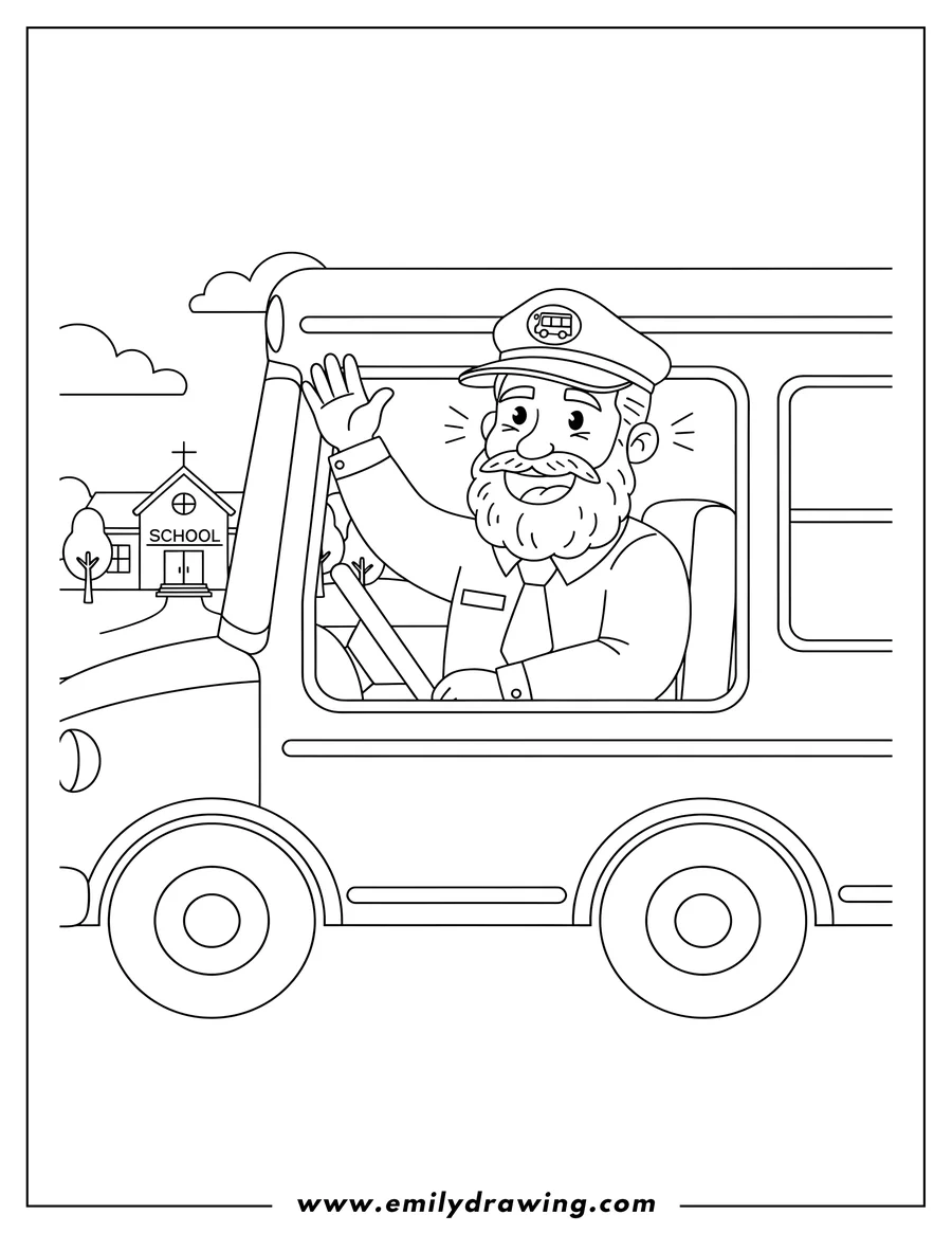Free printable coloring sheet of friendly school bus driver, a bearded man in uniform and hat, smiling and waving