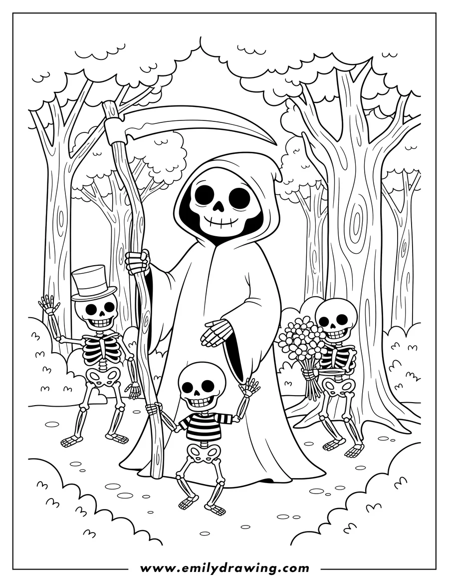 Coloring sheet featuring friendly Skeletons Surrounding a Smiling Grim Reaper Holding a Scythe in a Forest