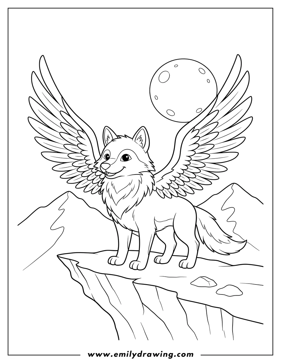 Coloring page for kids: A friendly winged wolf with spread wings standing on a cliff, with mountains and a moon