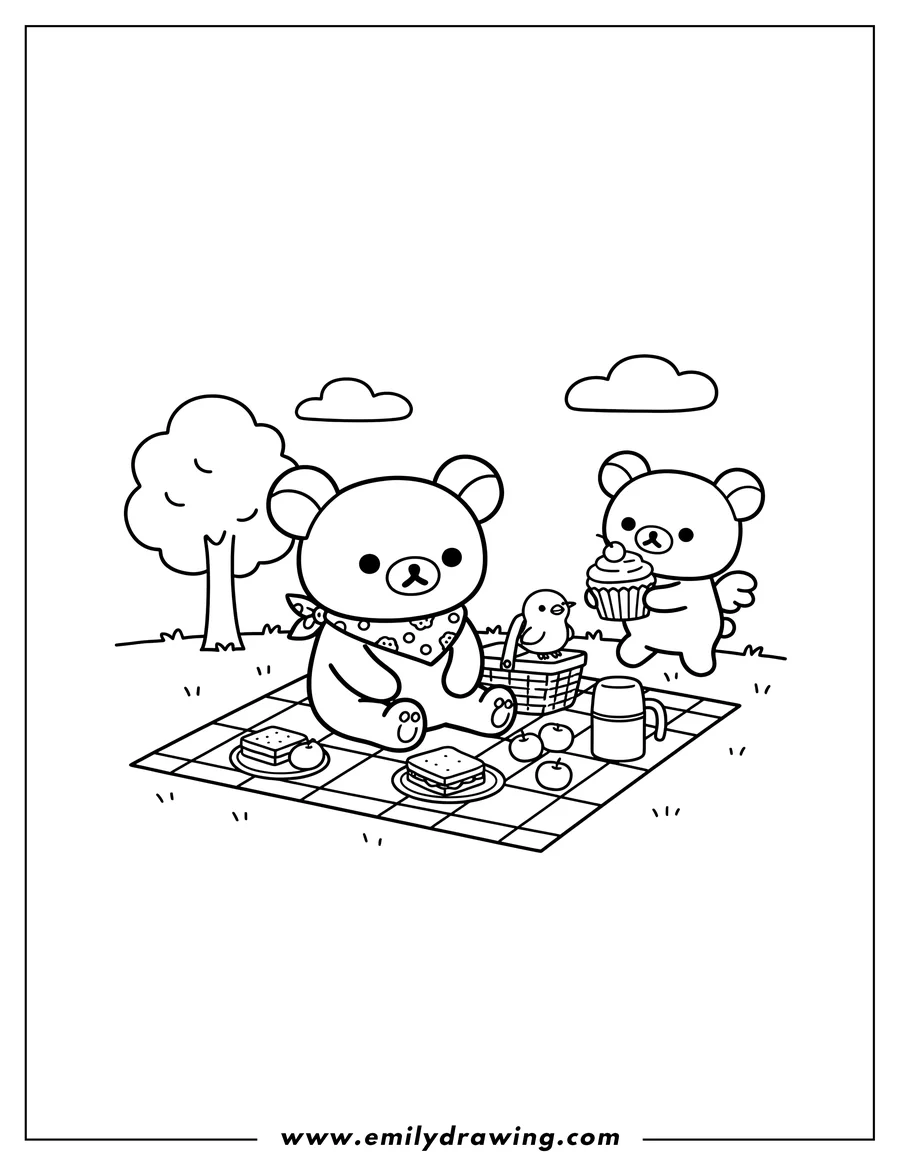 Vector style outline of rilakkuma, Korilakkuma, and Kiiroitori having a picnic, with Korilakkuma flying and holding a sweet treat, and Rilakkuma wearing a bandana