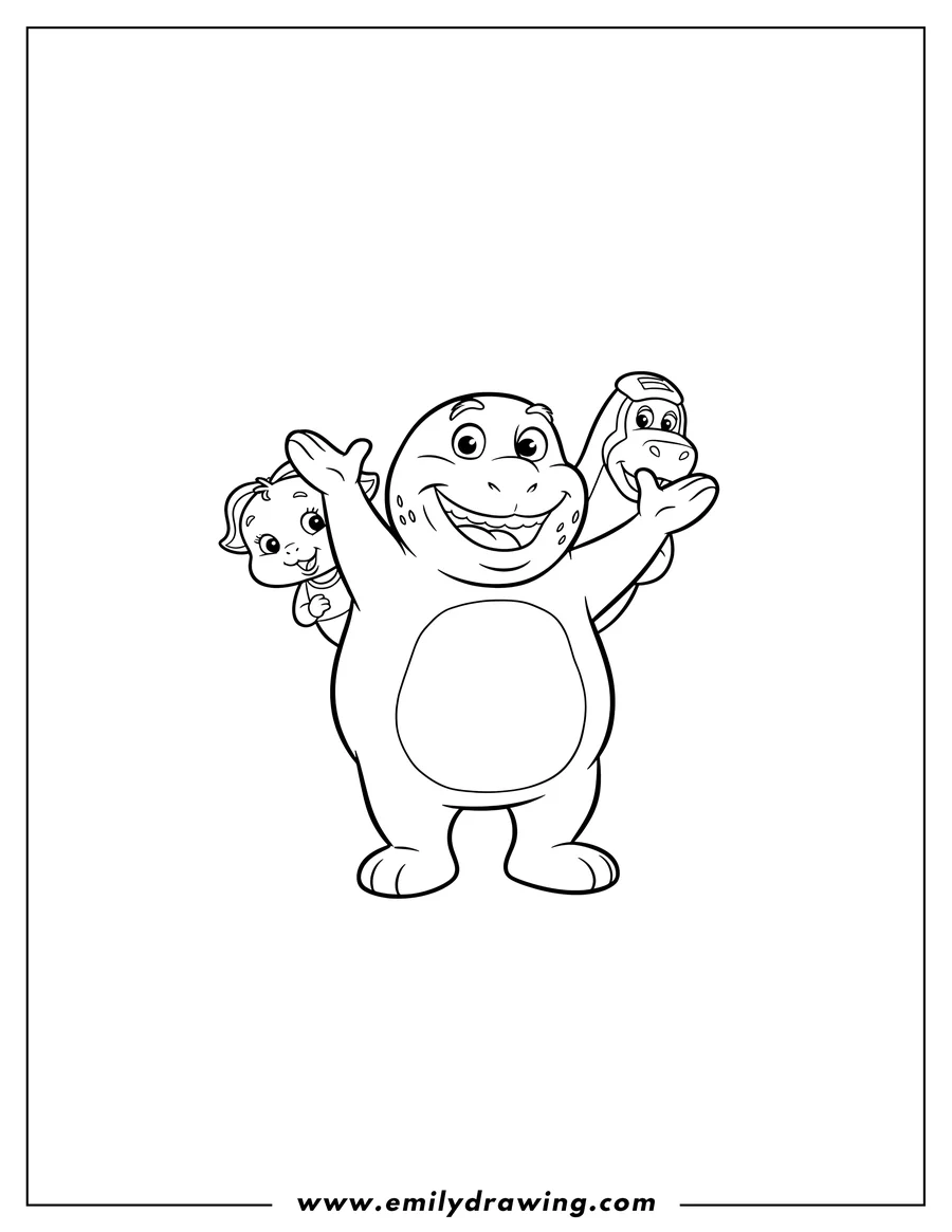 Printable line art of barney smiling broadly with hands up, Baby Bop and BJ peeking from behind him