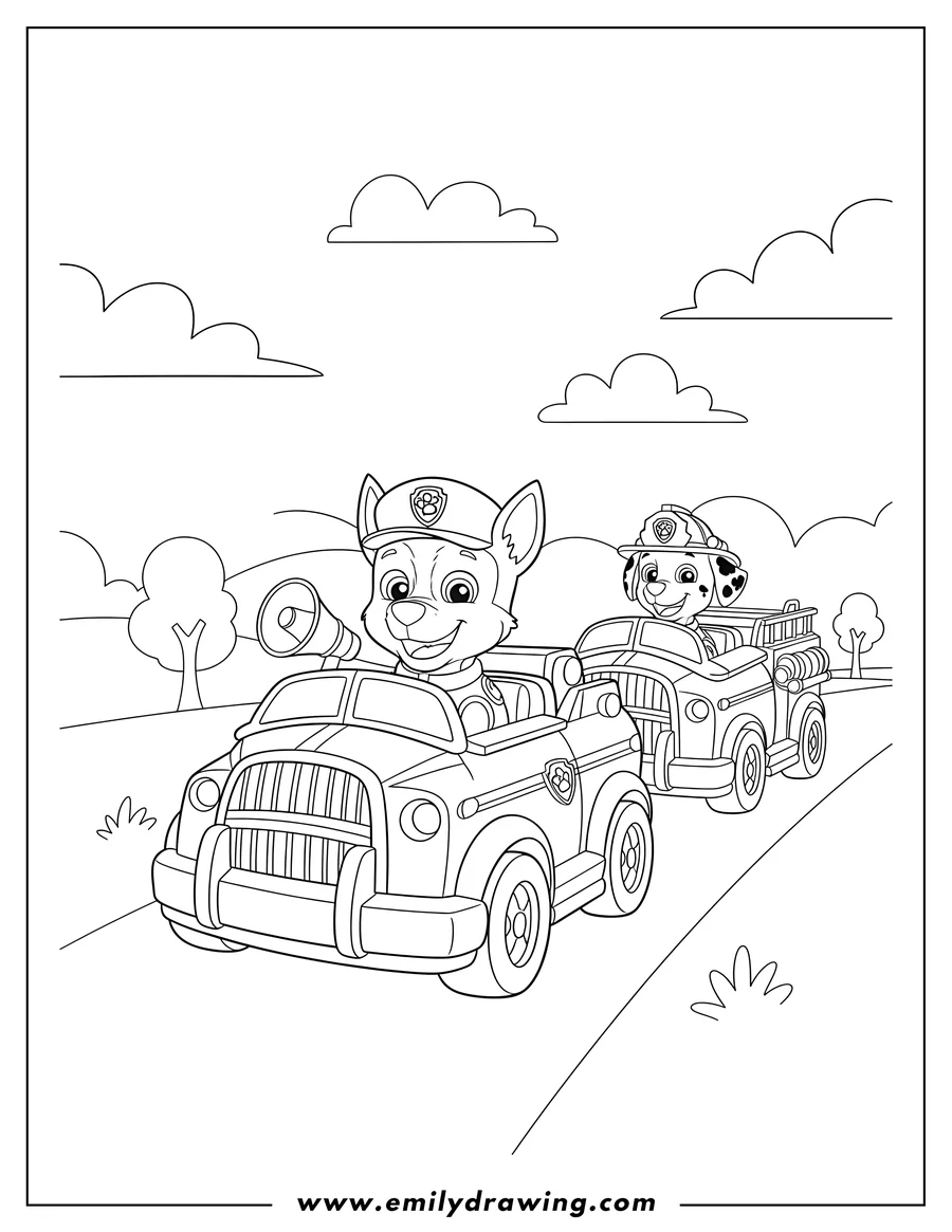 Downloadable coloring page of paw Patrol's friends Chase and Marshall smiling in their vehicles, driving in a line