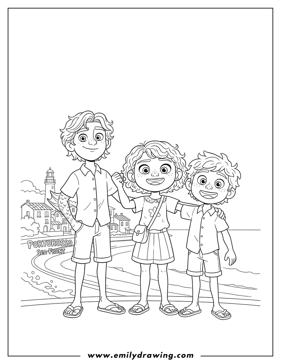 Coloring sheet featuring giulia, Alberto, and Luca happily posing together, Giulia with a raised fist and Alberto with a fin, at Sea Front Portorosso
