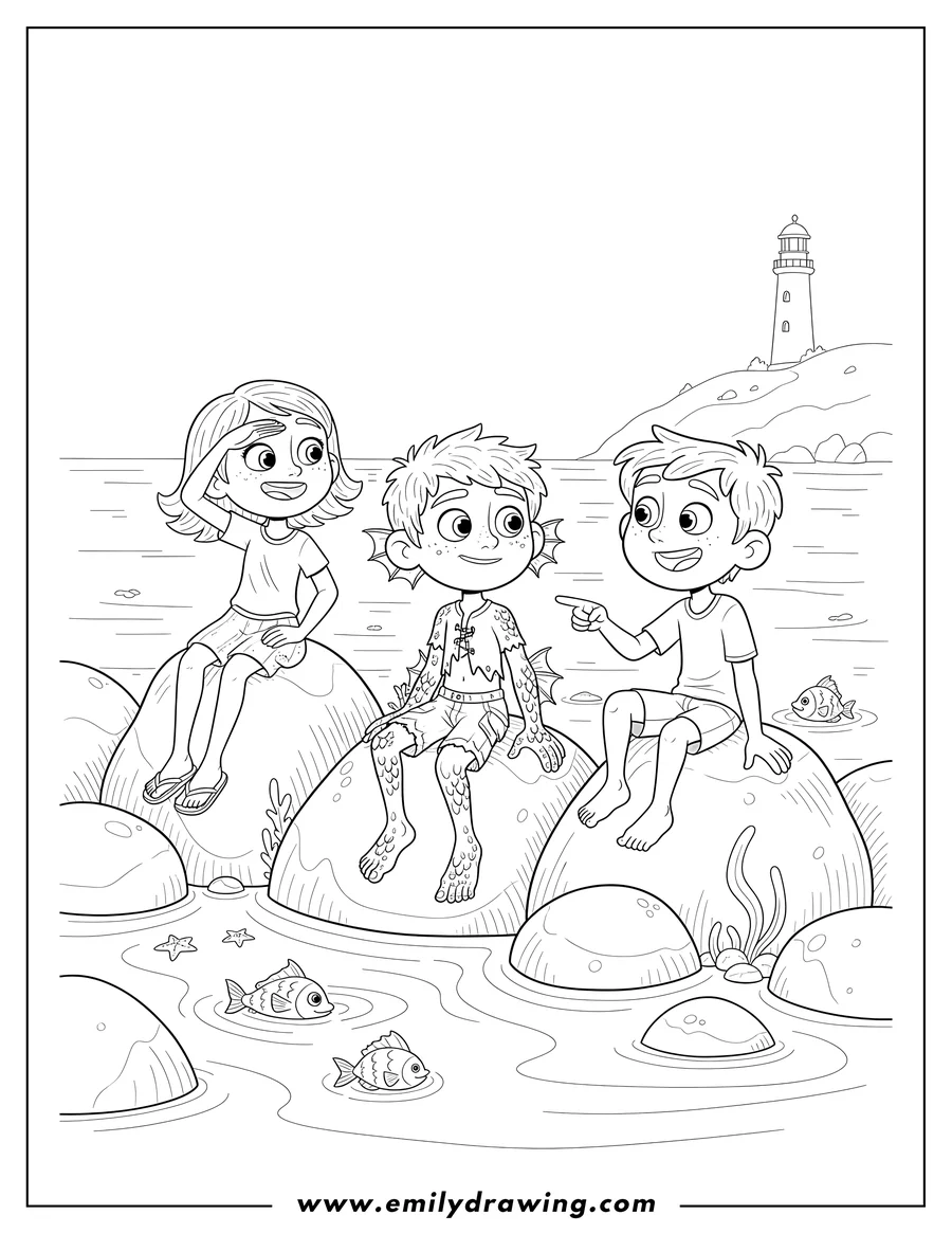 Simple sketch of luca Alberto And Giulia Sitting On Rocks By Sea, with Giulia shading her eyes and Luca transforming into a sea monster to color