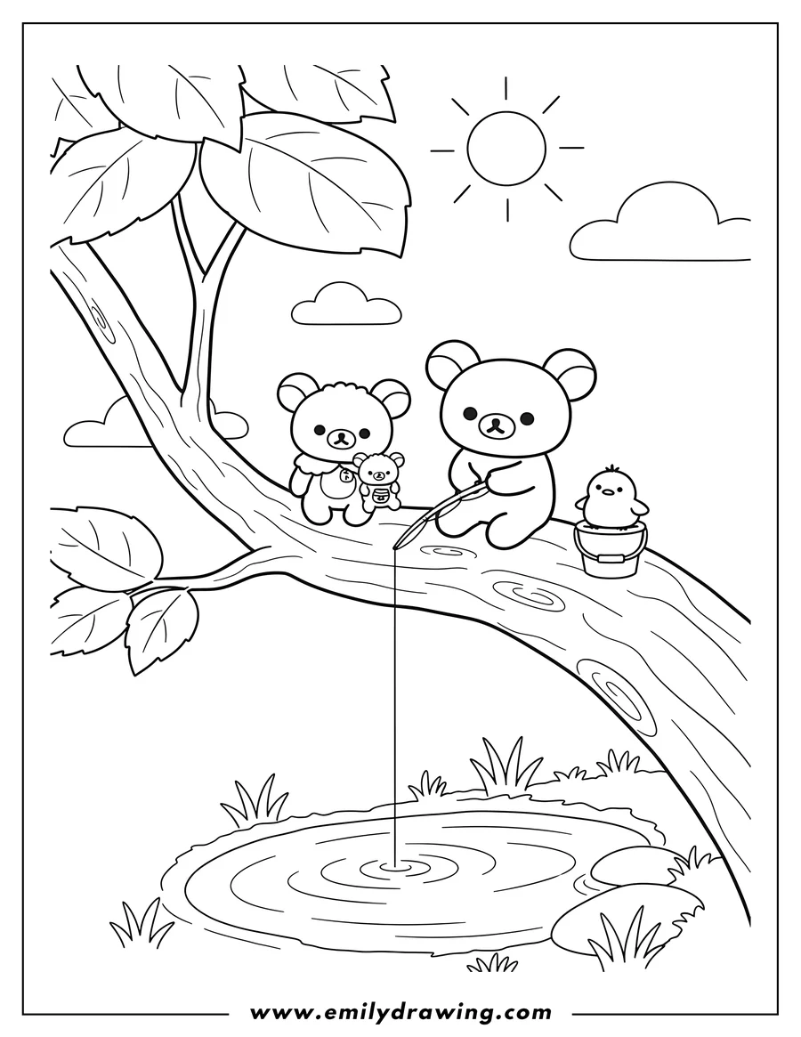 Printable coloring page of korilakkuma and Chairoikoguma sitting on a tree branch while Rilakkuma fishes with a chick and a bucket
