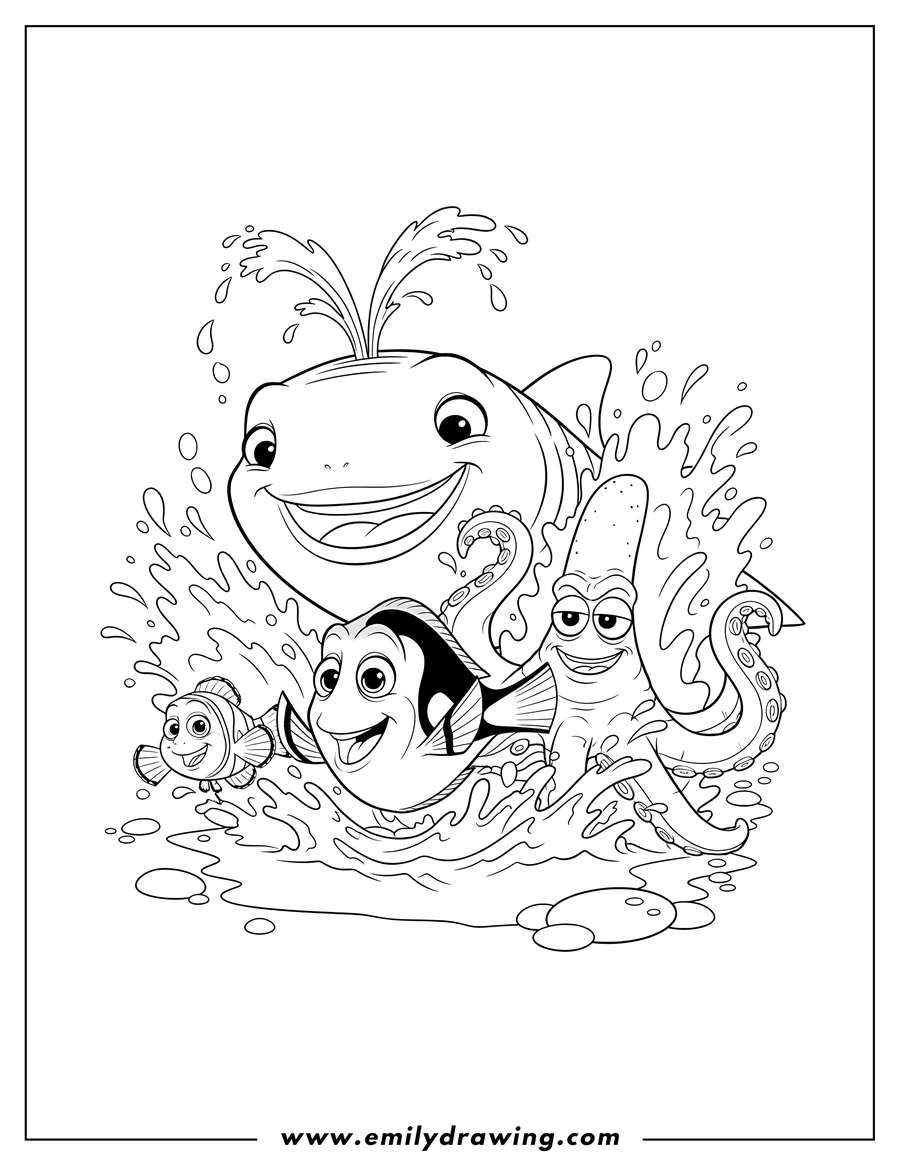 Coloring sheet featuring finding Dory, Nemo, Hank, and Destiny all smiling and splashing in the water