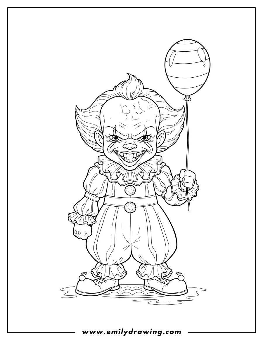 Coloring sheet featuring frightening Chibi Pennywise, grinning with a ruffled costume
