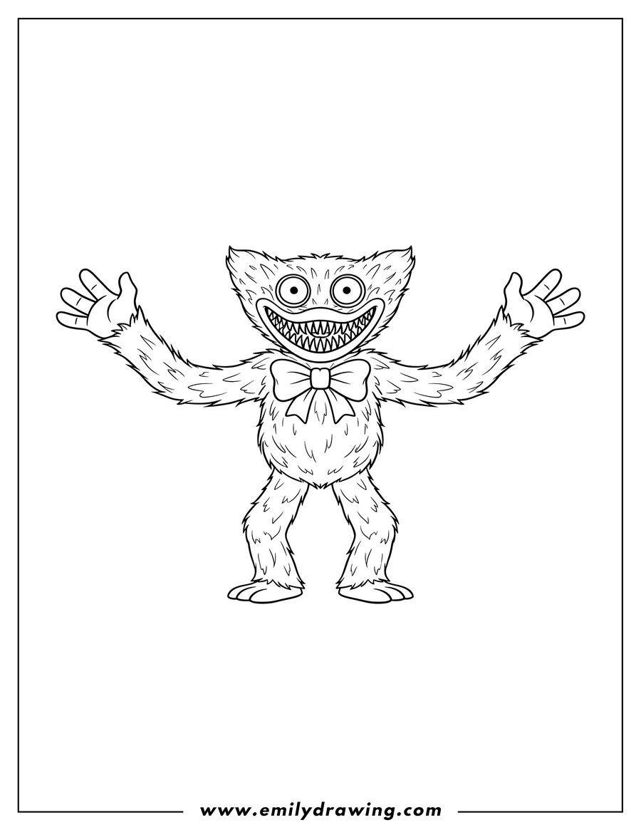 Coloring sheet featuring frightening Huggy Wuggy with a wide, toothy grin and a bow tie, standing with open arms