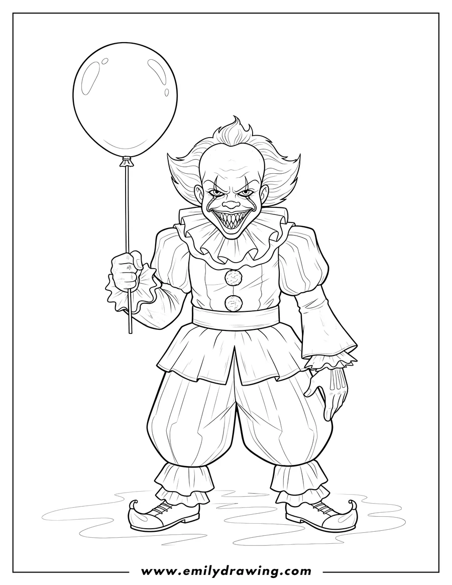 Simple sketch of frightening Pennywise with a toothy grin, holding a balloon on a stick with bloody handprints to color