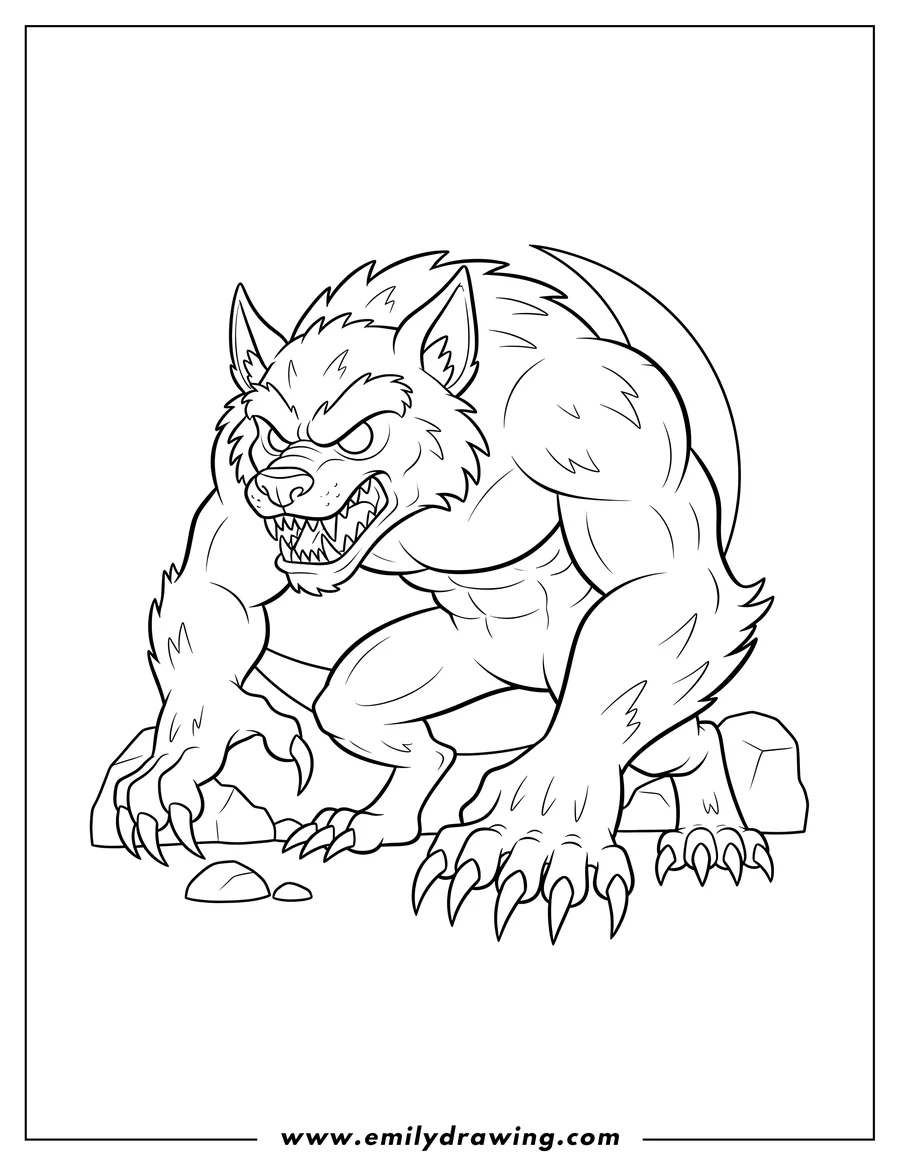 Black and white line art of frightening Werewolf in a crouching pose, with Sharp Teeth and Claws Outline
