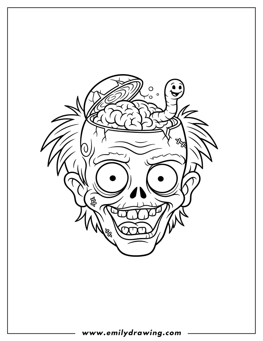 Downloadable coloring page of frightening zombie head with an exposed brain, a worm crawling out of its head, and a gaping mouth showing teeth