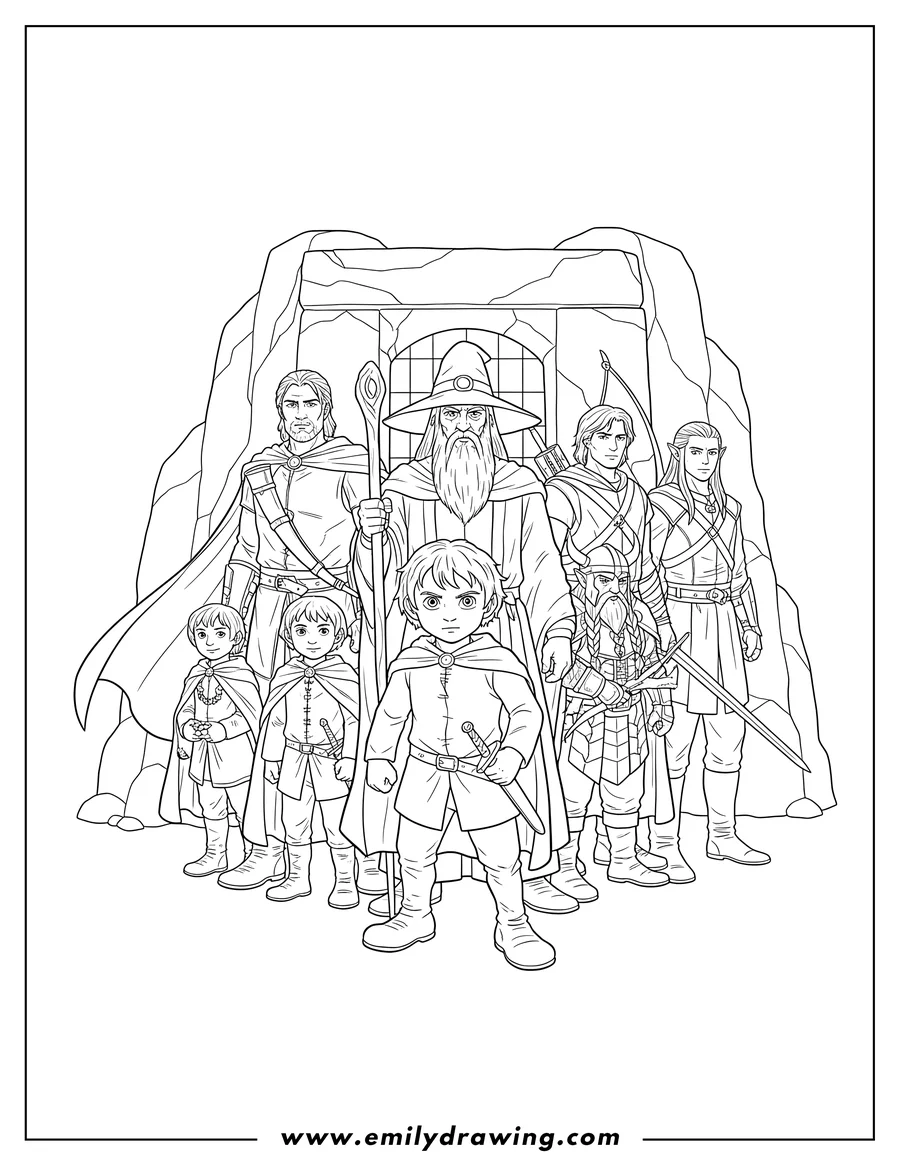 Printable line art of lord Rings Frodo Gandalf Boromir And Companions standing together with Frodo in the foreground