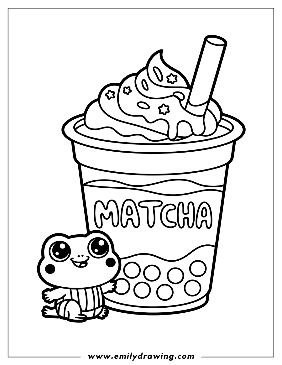 Line art of a cartoon frog sitting next to a tall boba tea cup labeled 'MATCHA', topped with whipped cream, sprinkles, and a straw, with boba pearls visible at the bottom.