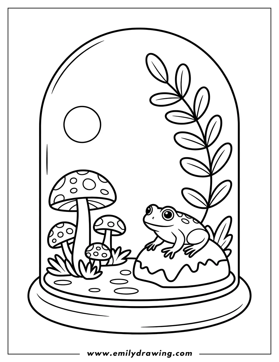 Outline of a frog sitting on a rock inside a bell-shaped terrarium, with three spotted mushrooms and leafy plants nearby.