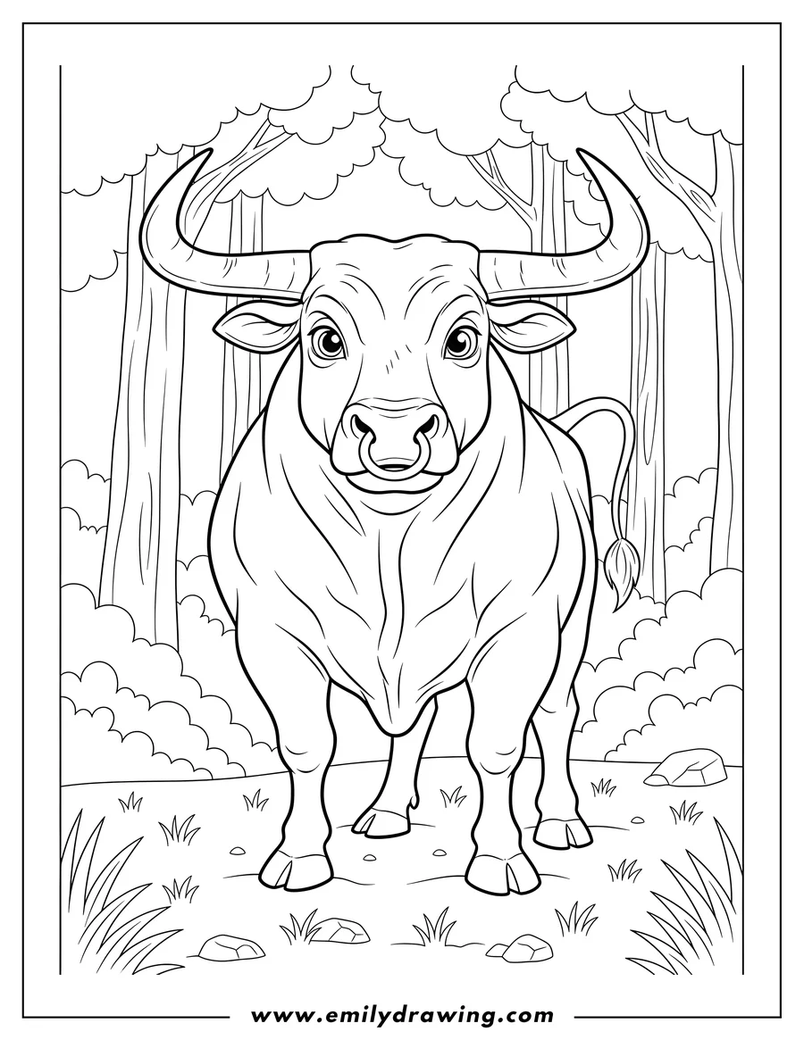 Vector style outline of front Facing Bull with large curved horns standing in Forest Clearing