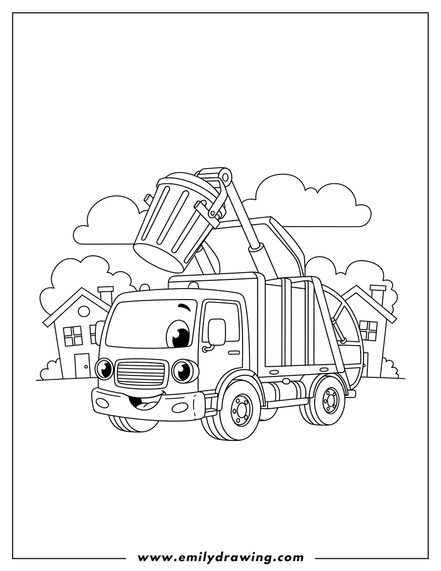 Outline drawing of front-loading garbage truck, with its arm lifting and inverting a trash bin into its compactor