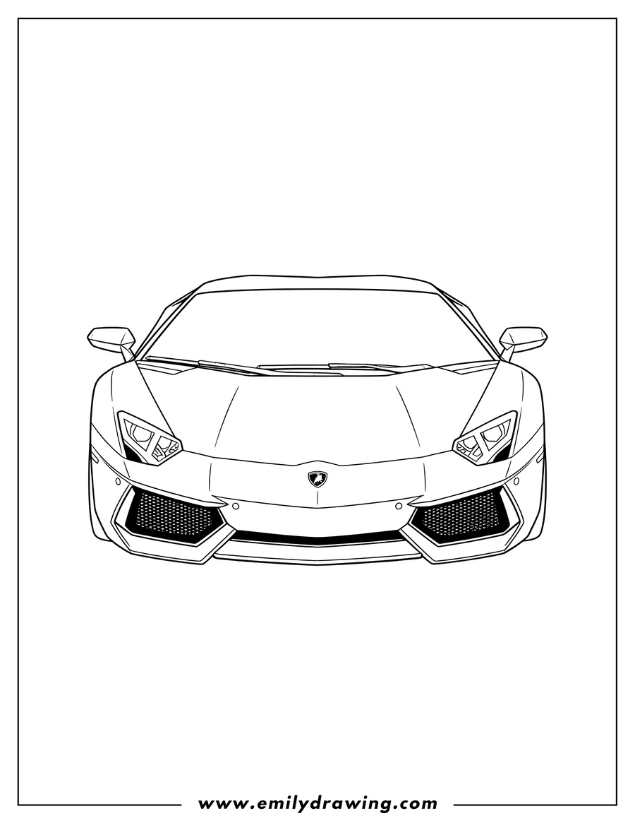 Doodle style coloring picture of front Profile Lamborghini Aventador with prominent headlights and emblem