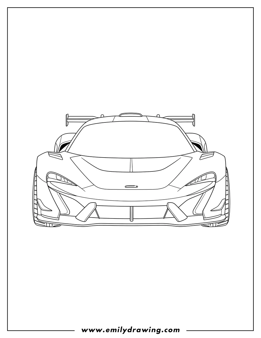 PDF style coloring page: front view of a McLaren Ultimate Vision Gran Turismo race car