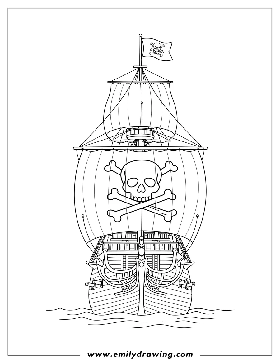Coloring page of front View Realistic Pirate Ship with a skull and crossbones sail and pirate flag
