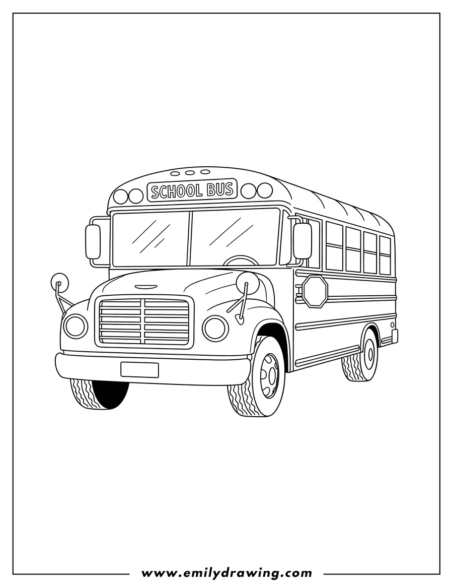 Full page coloring image of front View School Bus To Color with 'SCHOOL BUS' text