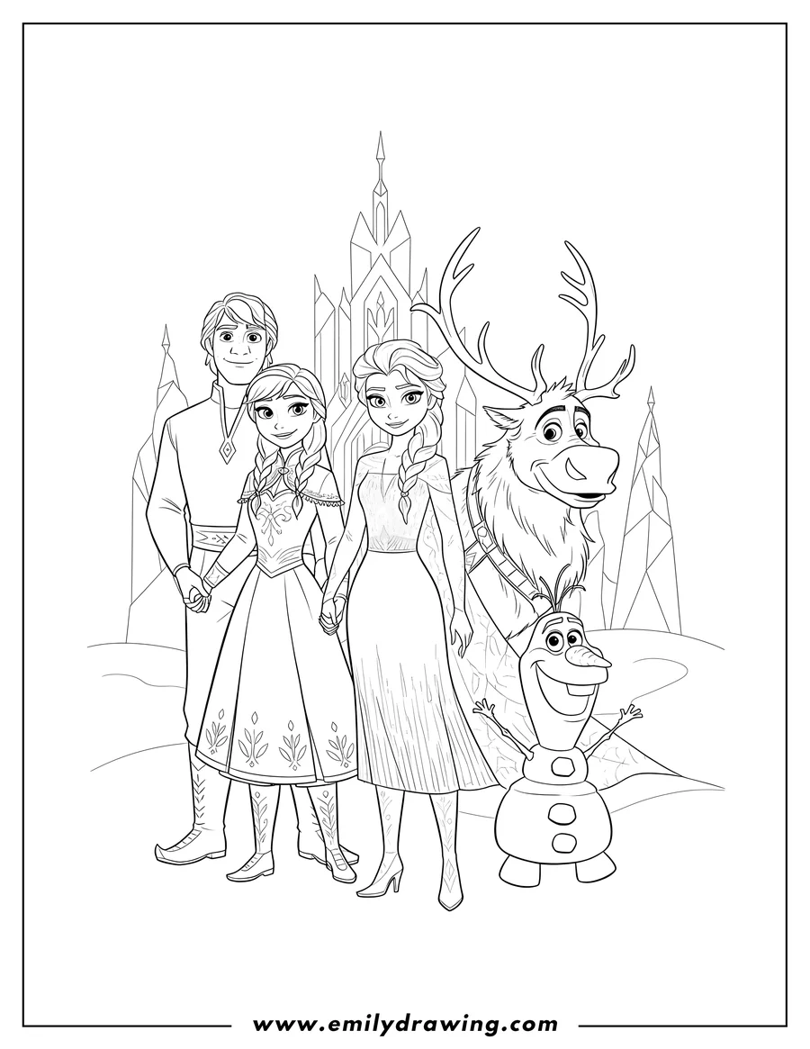 Printable coloring page of frozen characters Kristoff, Anna, Elsa, Olaf, and Sven together