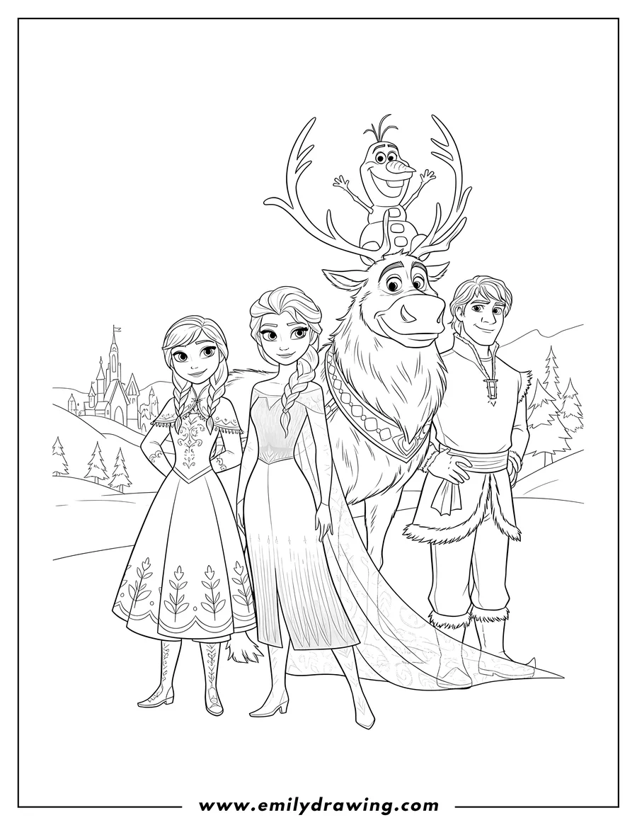 Outline drawing of frozen Characters Scaled: Elsa, Anna, Kristoff, Sven, and Olaf posing together with Olaf on Sven's head