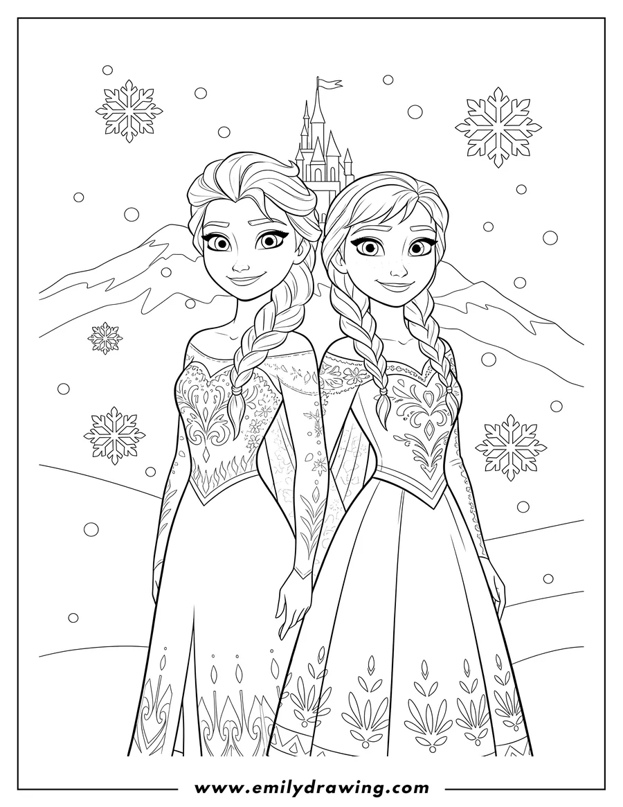 Doodle style coloring picture of frozen Elsa and Anna side-by-side, smiling, coloring page