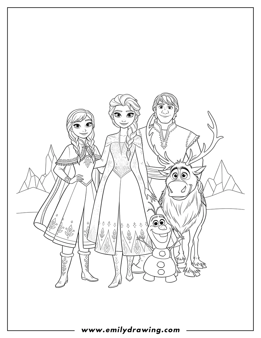 Printable line art of frozen Scaled with Elsa, Anna, Kristoff, Sven, and Olaf standing together