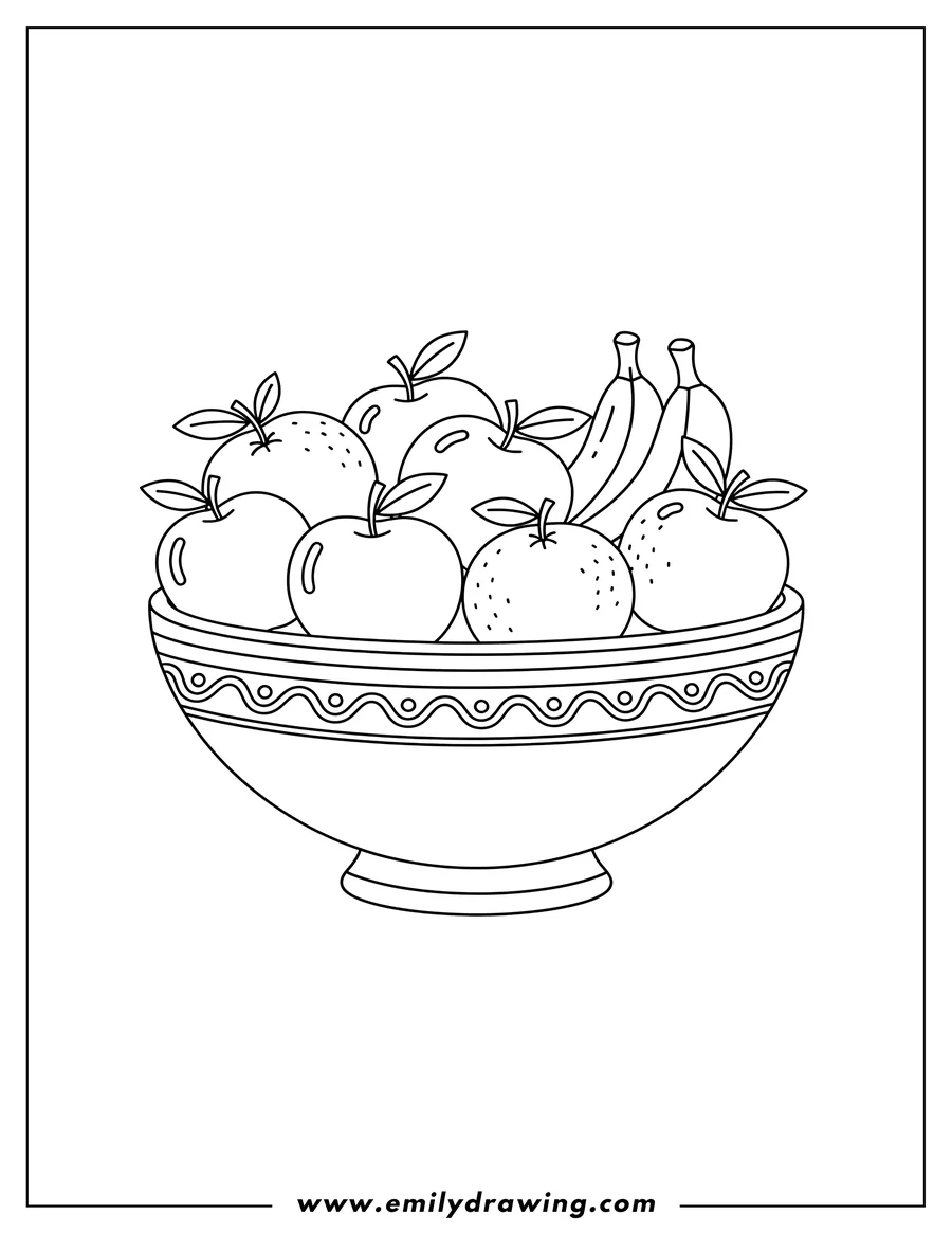Printable line art of A fruit bowl with apples, bananas, and oranges