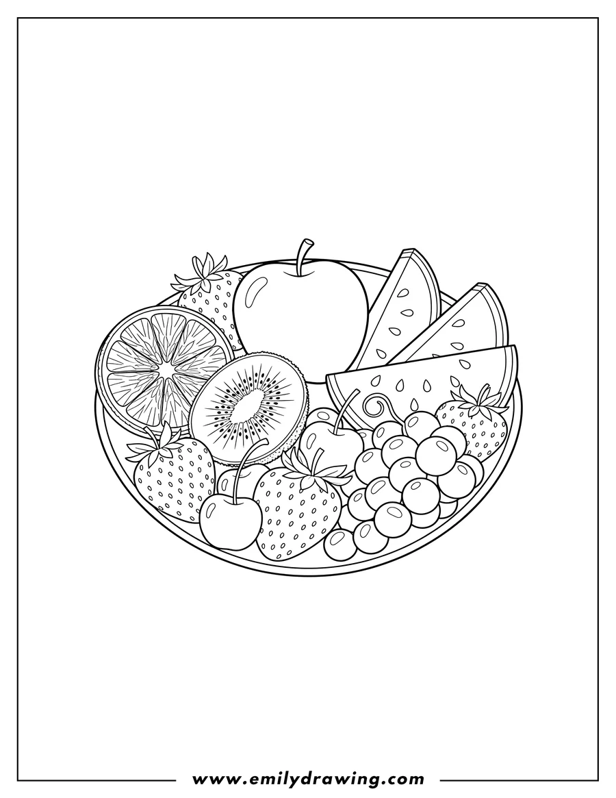 Coloring page for kids: A fruit bowl with an orange slice, apple, kiwi, strawberries, watermelon slices, cherries, and grapes