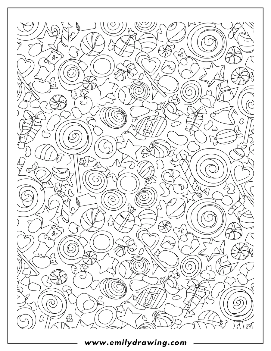 PDF style coloring page: full Assorted Candies in a Seamless Pattern To Color
