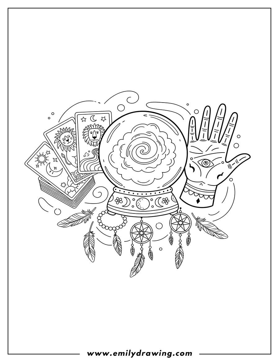 Simple sketch of full Boho Elements with a crystal ball, tarot cards, and a palmistry hand to color