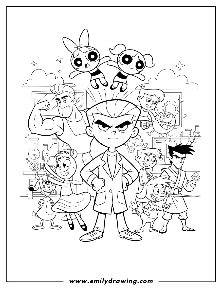 Outline drawing of full Cartoon Network Characters, featuring a determined Dexter and flying Powerpuff Girls